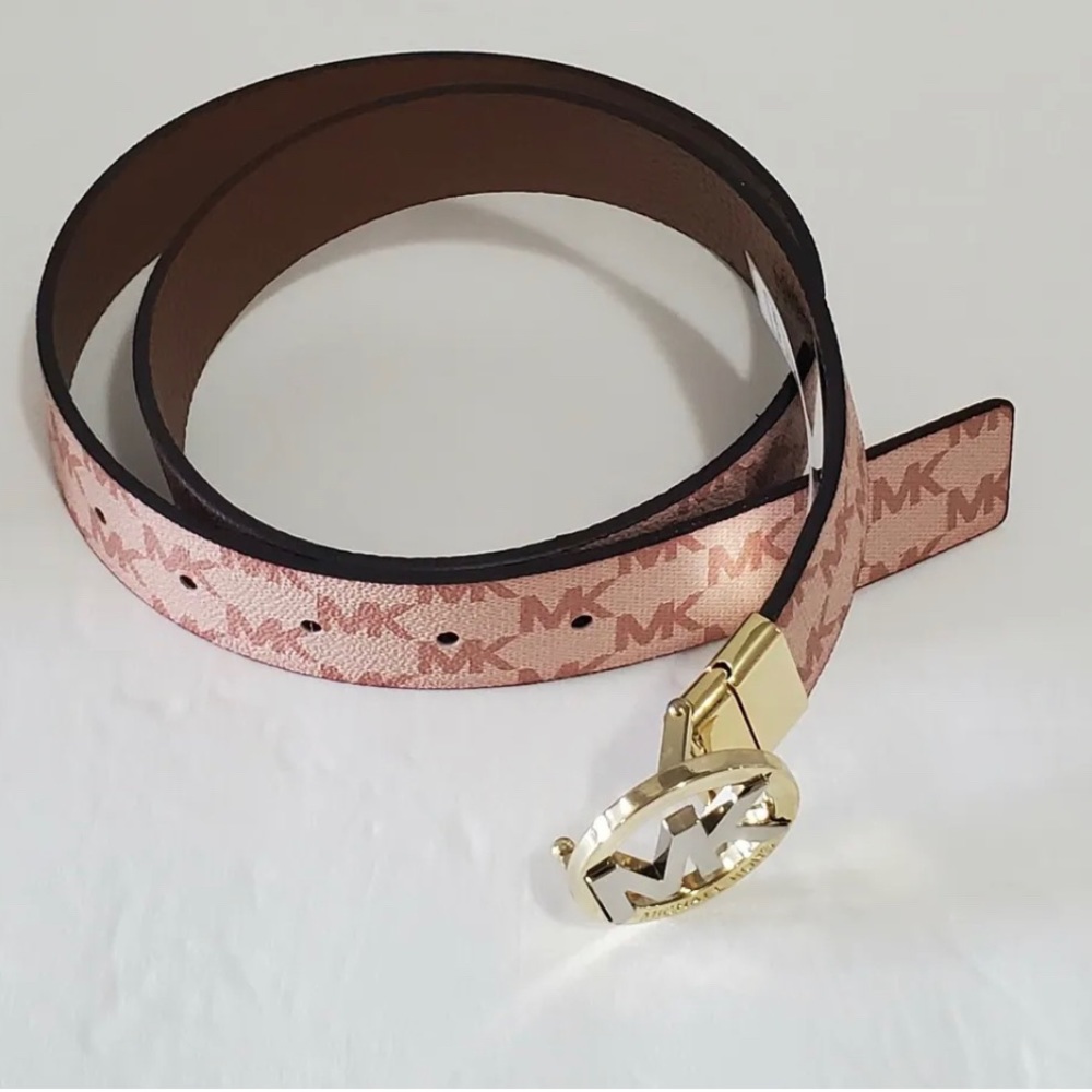 Michael Kors Pink Logo Belt with Gold MK Buckle